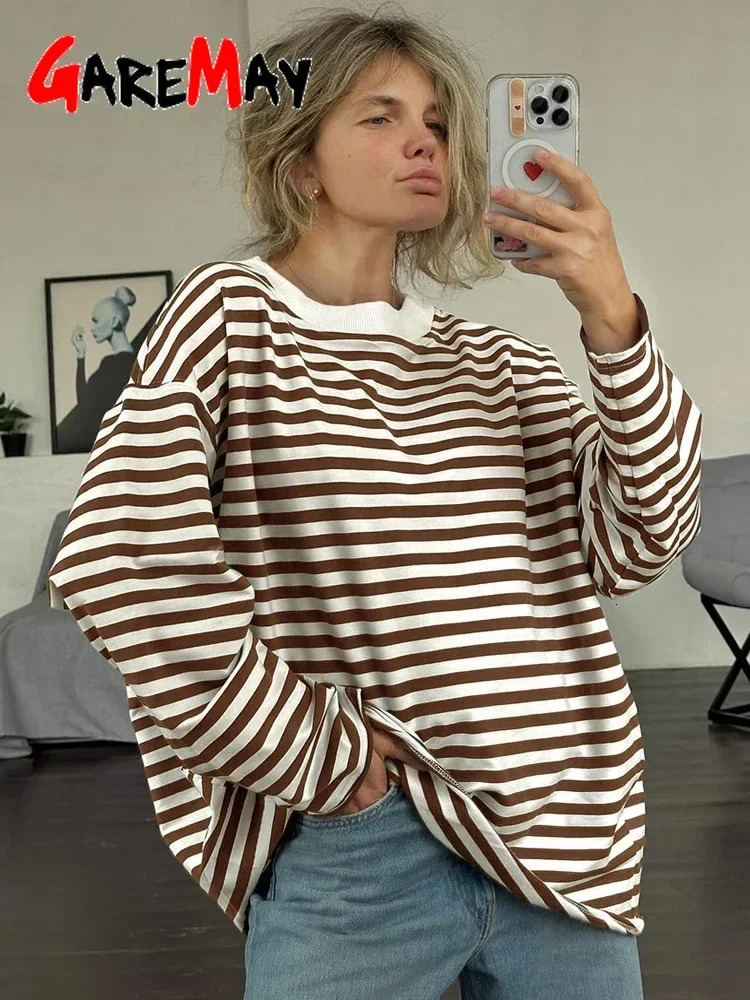 Womens Striped T-shirt 95% Cotton Oversized Black and White Casual Basic Long Sleeve Top Vintage Casual T-shirts for Women 250804