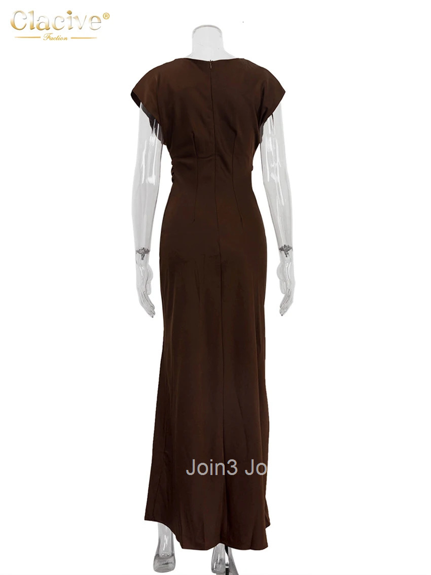 Clacive Summer Slim Brown Satin Womens Dress Bodycon O-Neck Sleeveless Ankle Length Dresses Elegant Classic Female Dress