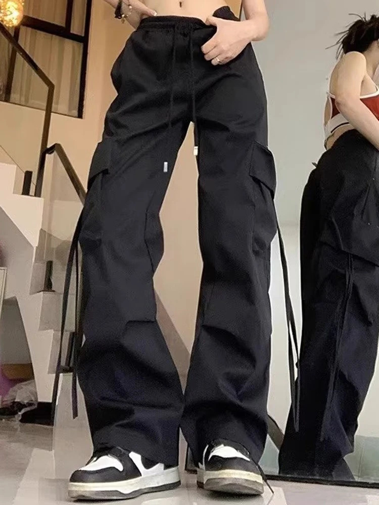 Women Korean High Waisted Slacks Lady Japanese 2000s Style Y2k Lace Up Cargo Trousers Female Yellow Pink Blue Black Joggers 250806