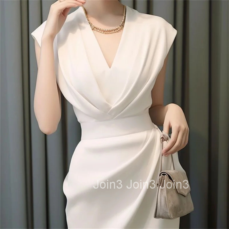 Summer New White Elegant Womens Formal Dress Vintage V-Neck High Waist A-Line Midi Dress Celebrity Evening Party Vestidos 029P