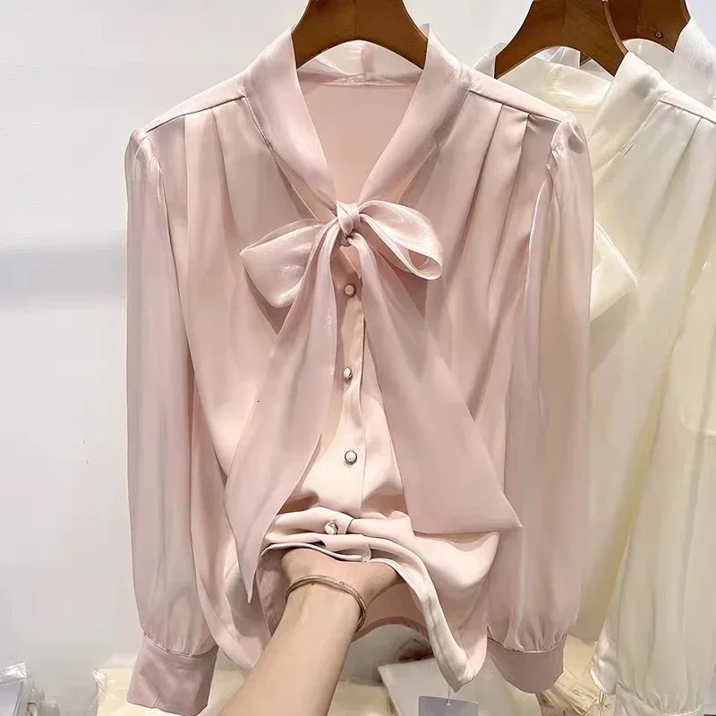 Chiffon Blouse Women Long Sleeve Ribbon Elegant Blouse for Women Korean Fashion Shirts and Blouses Autumn Womens Clothing 250806