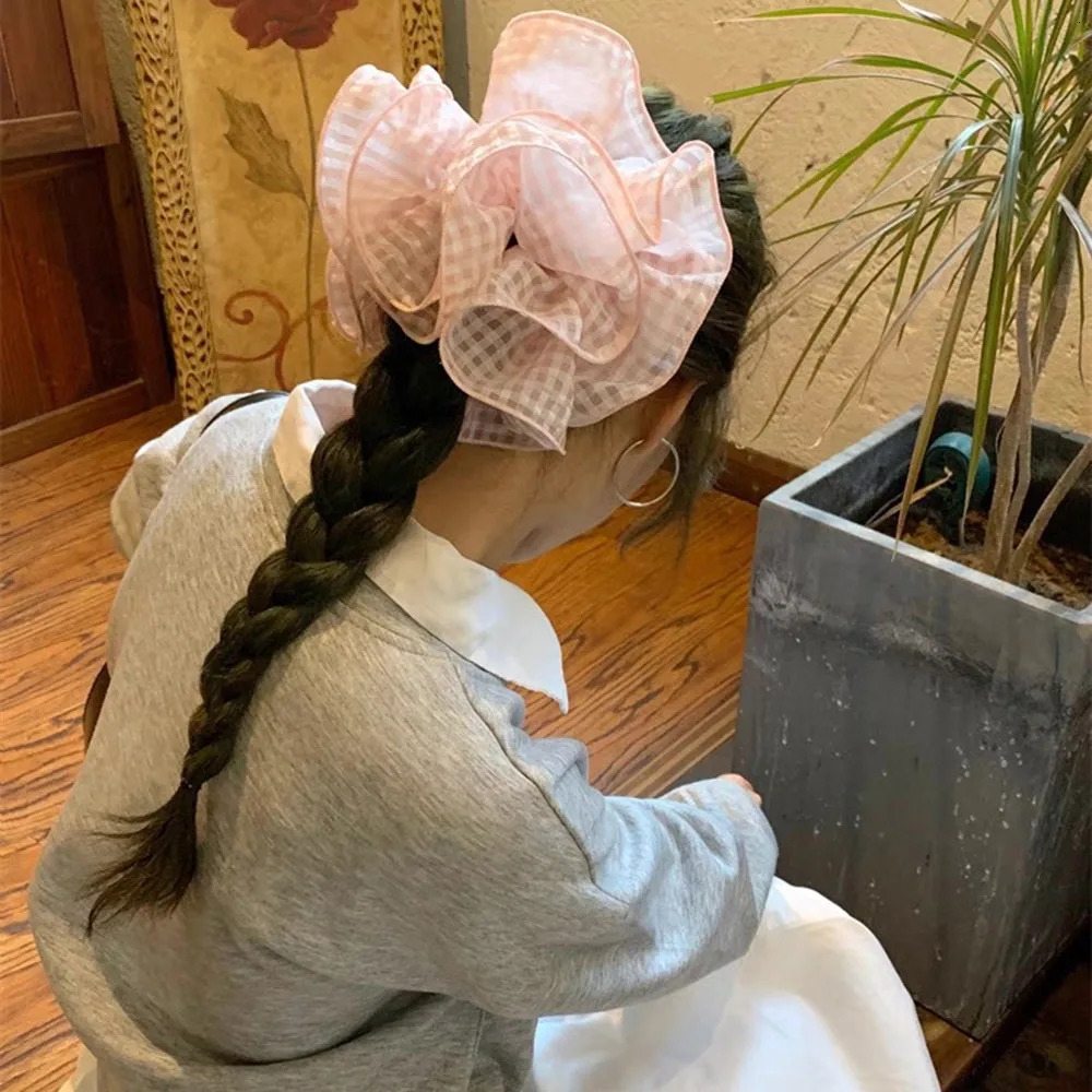 Niche Sweet Elegant Flower Bud fabric Check Pattern For Female High Elatic Hair Rope High Ponytail Accessories 250730