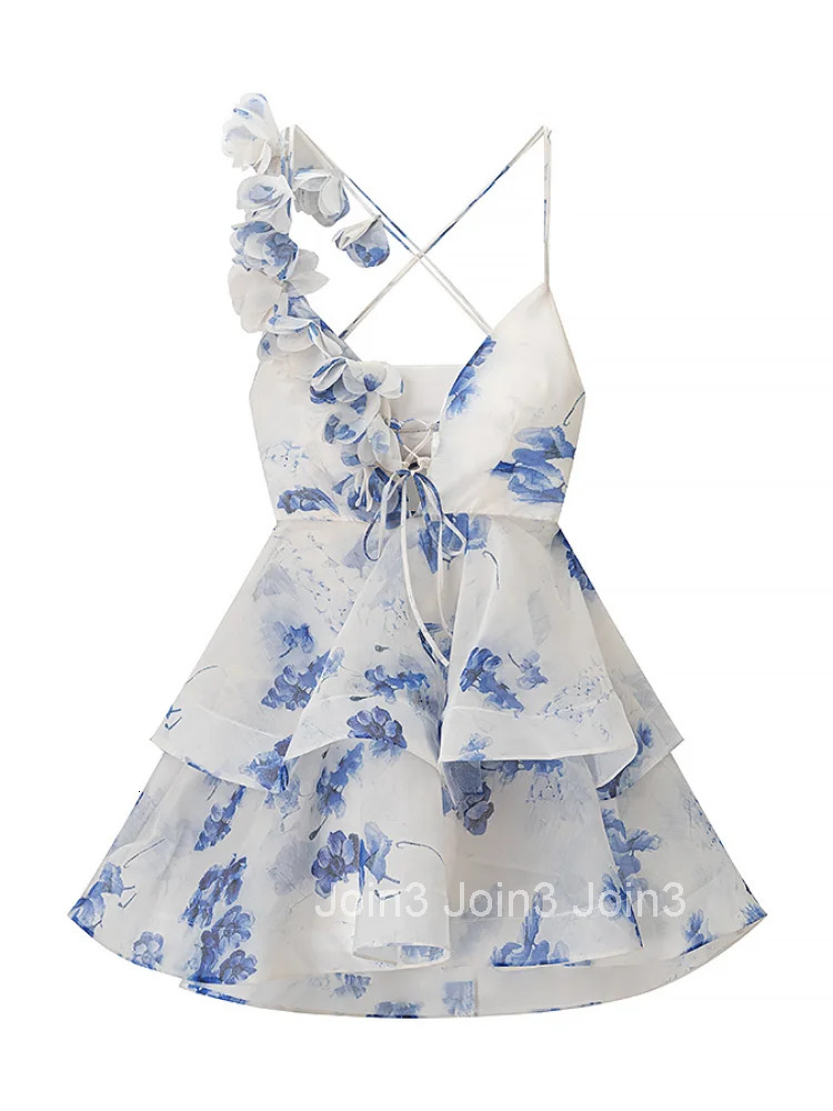 Elegant Floral Print Puff Sleeve Ball Gown Mini Dress Women 3D Flower V-neck Summer Beach Dresses Chic Holiday Evening Vestidos