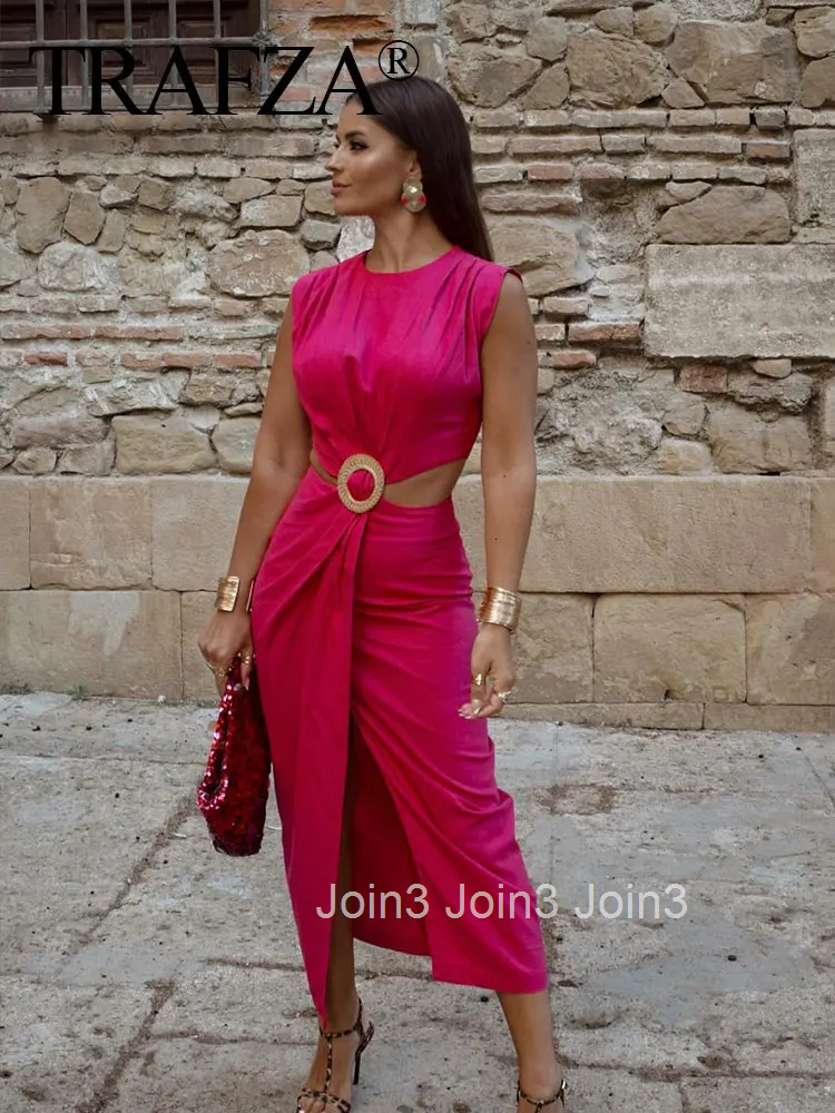 Women Waist Opening Design Dress Solid O Neck Sleeveless Split Dresses Slim Woman Elegant Evening Dress Vestidos Mujer