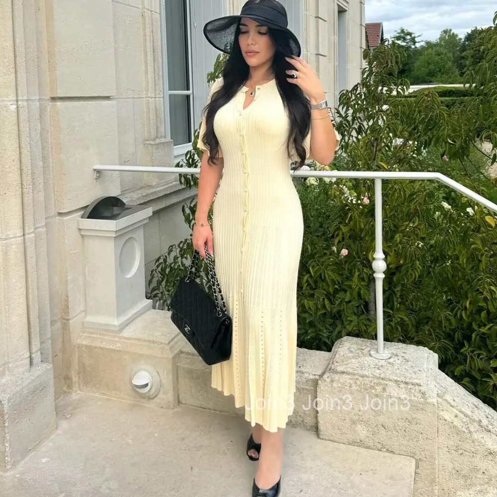 Elegant Knitted Dress New Hollow Out Short Sleeve Midi Dress High Waist Slim-Fit Dress Patchwork Single Breasted Ladies Robe