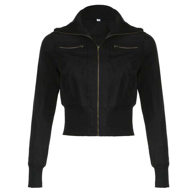 hoodie Streetwear Black Zip Up Jacket Autumn Winter Turtleneck Full Sleeve Cropped Jackets for Women y2k Vintage Ladies Outwear jacket2141