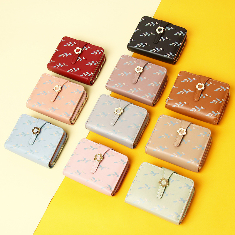 New Women's Korean Version PU Printed Short Small Wallet Buckle Student Zipper Coin Purse