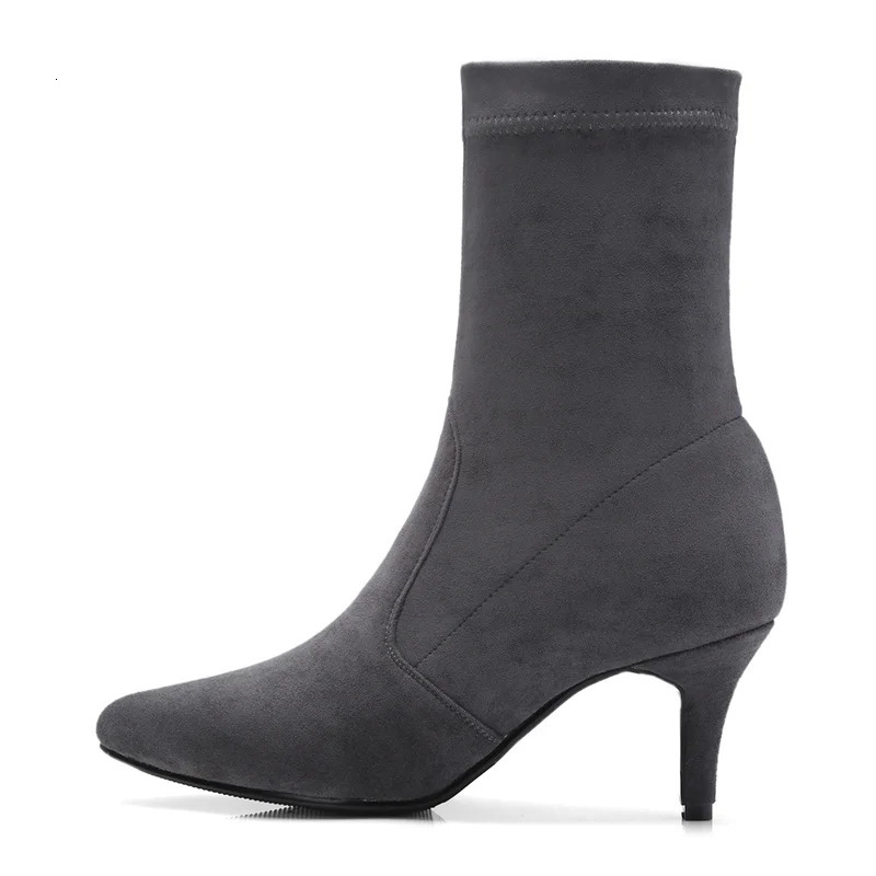 Flock Ankle Boots For Women Spring Shoes Black Gray Short Socks Boot Autumn Fashion Heels Party Dance Shoes Ladies Large Size 250805