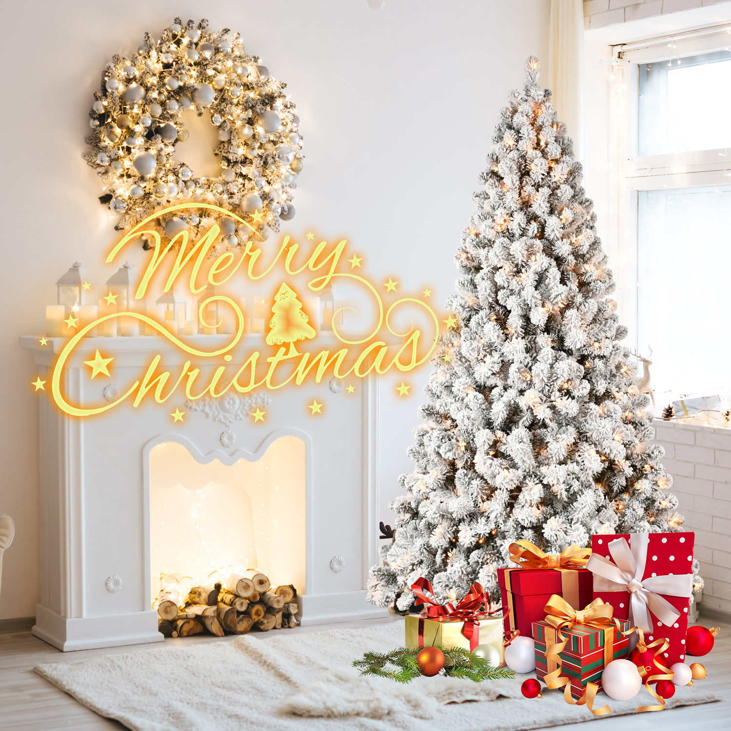 Prelit PVC Flocked Christmas Tree with Warm White Lights, Memory Wire, Foldable Base, for Holiday Decorations 2025