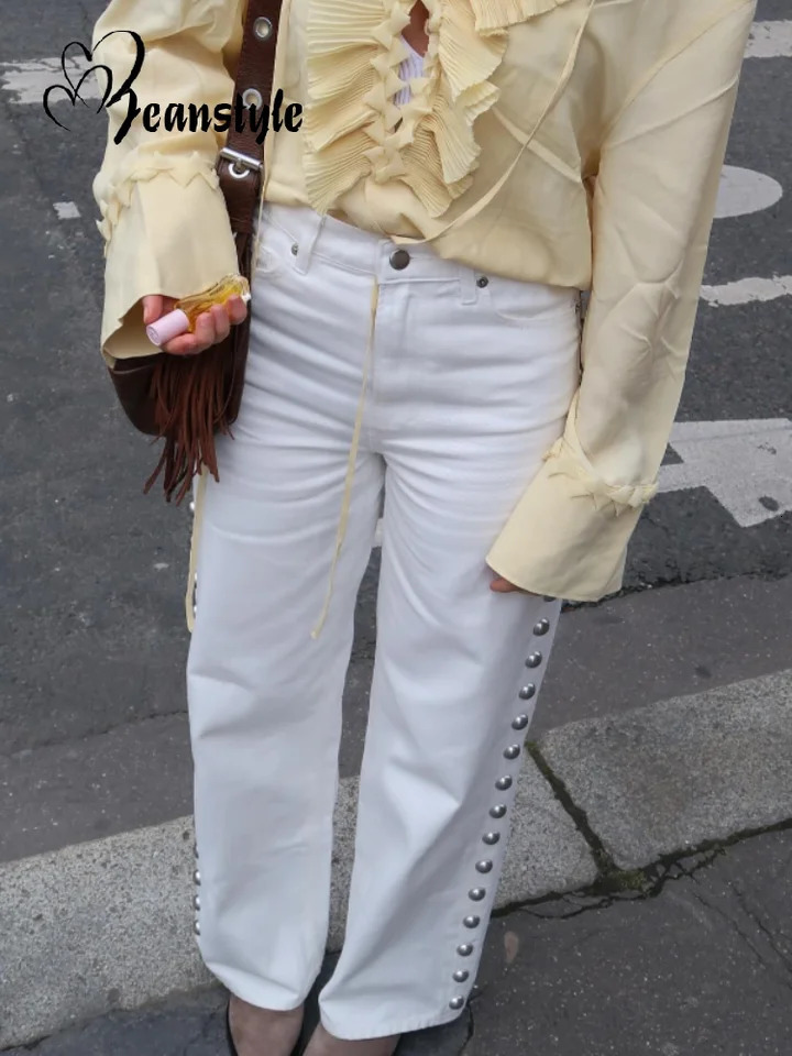 Bead Womens Denim Jean Loose High Waisted Pockets Zipper Allmatch Straight Leg Trouser Female 2025 Y2k Street Lady Outwear 250806