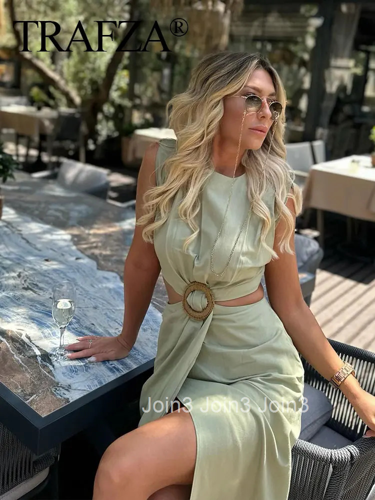 Women Waist Opening Design Dress Solid O Neck Sleeveless Split Dresses Slim Woman Elegant Evening Dress Vestidos Mujer