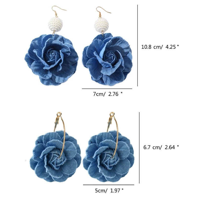 Fashionable Denims Earrings Handmade Blue Floral Ear Drops Camellia Ear Rings 250730