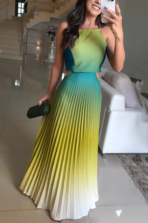 New European and American sleeveless trend pleated backless gradient dress for summer 2025, new designer dress