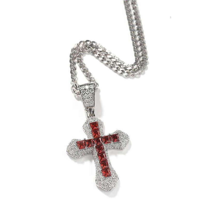 New charm bling iced out product blue zircon cross pendant necklace hip hop fashion dia jewelry all-match sweater chain gifts for women and men