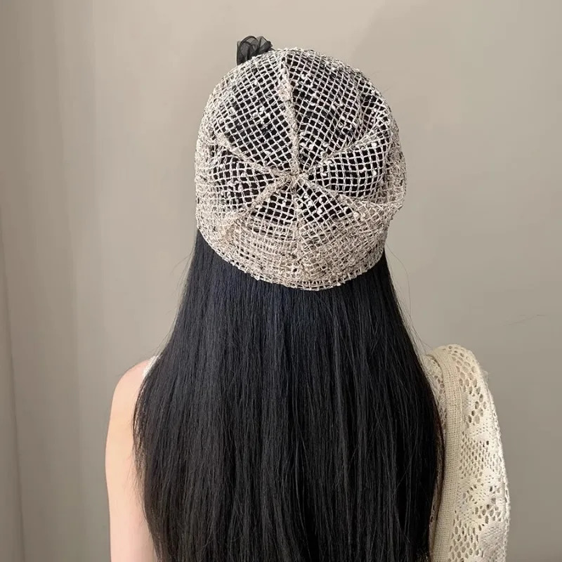 Korean Version Niche Hollow Pearl Flower Mixed Color Pullover Hat Womens Summer Y2k Trend Breathable Skull Beanie Cap Gorras 250730