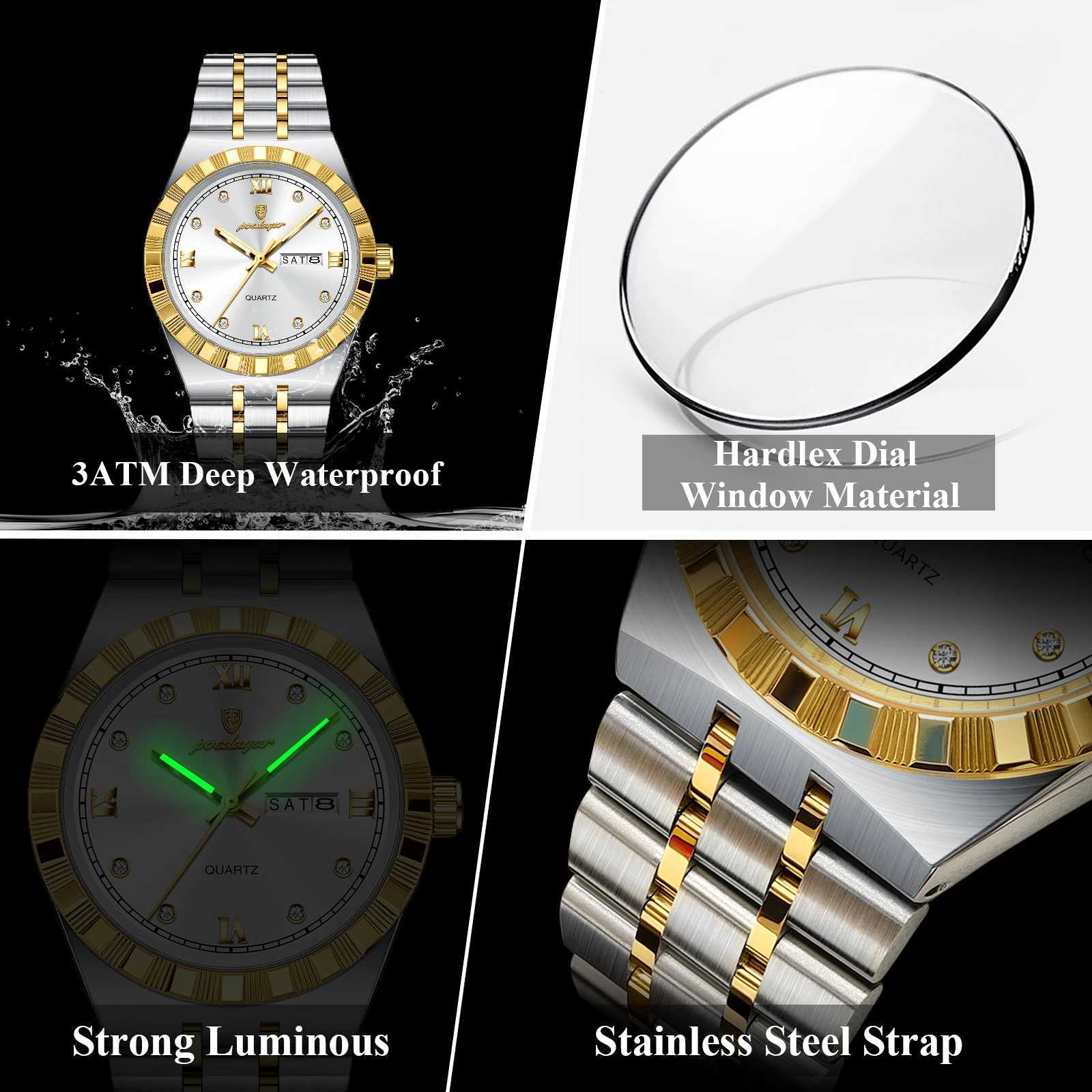 POEDAGAR Luxury Business Mens Waterproof Luminous Week Date Mens Wrist Stainless Steel Trend Quartz Watch for Men W250806