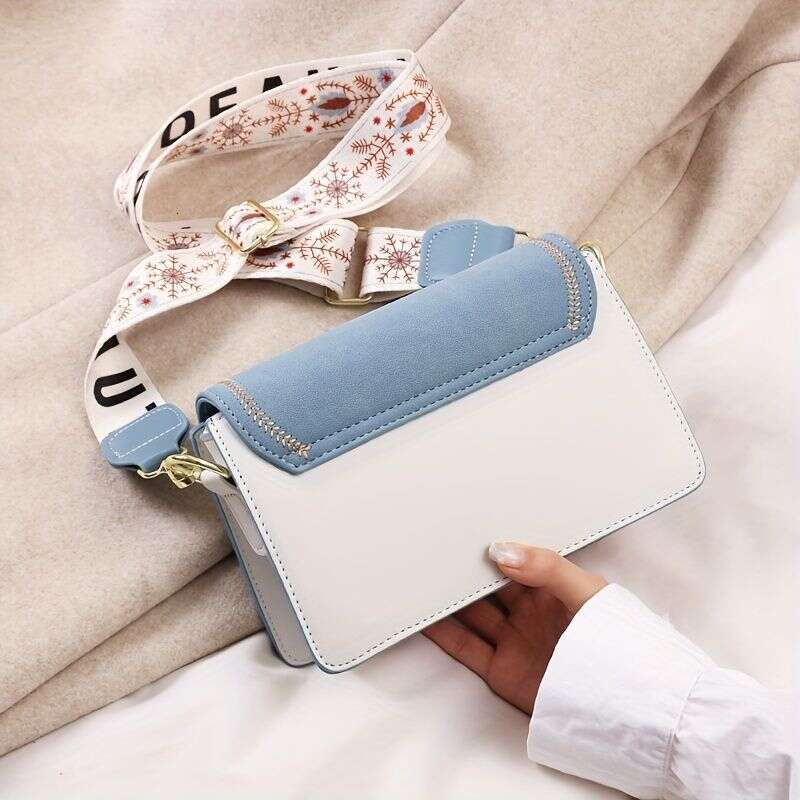Simple Embroidered Square Stylish Colorblock Shoulder Bag, Women's All-Match Crossbody Bag With Wide Strap