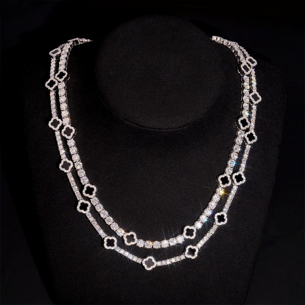 Ready Stocks 925 Solid Silver Tennis Chain 3mm Black Agate Clover Moissanite Necklace Bracelet Unique Moissanite Jewelry