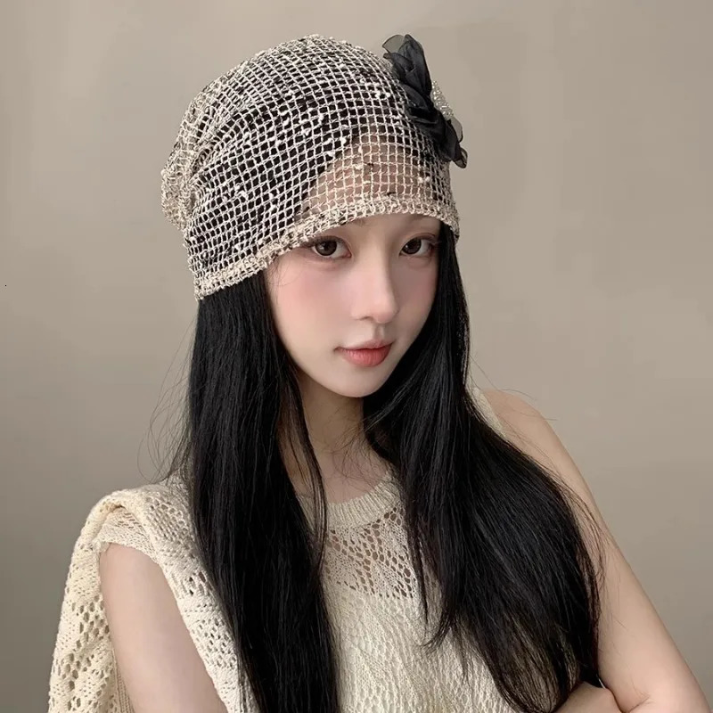 Korean Version Niche Hollow Pearl Flower Mixed Color Pullover Hat Womens Summer Y2k Trend Breathable Skull Beanie Cap Gorras 250730