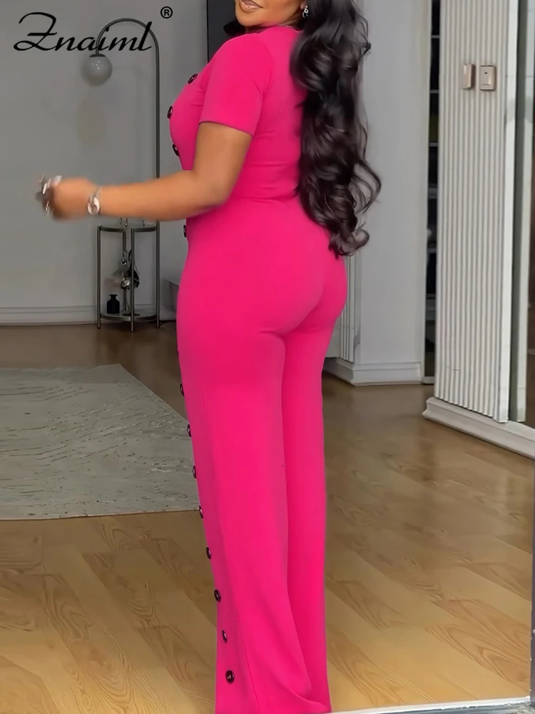Znaiml Women Elegant Long Jumpsuits for Party Summer Short Sleeve Buttons Solid Color Wide Leg Pants Rompers One Pieces Overalls 250804