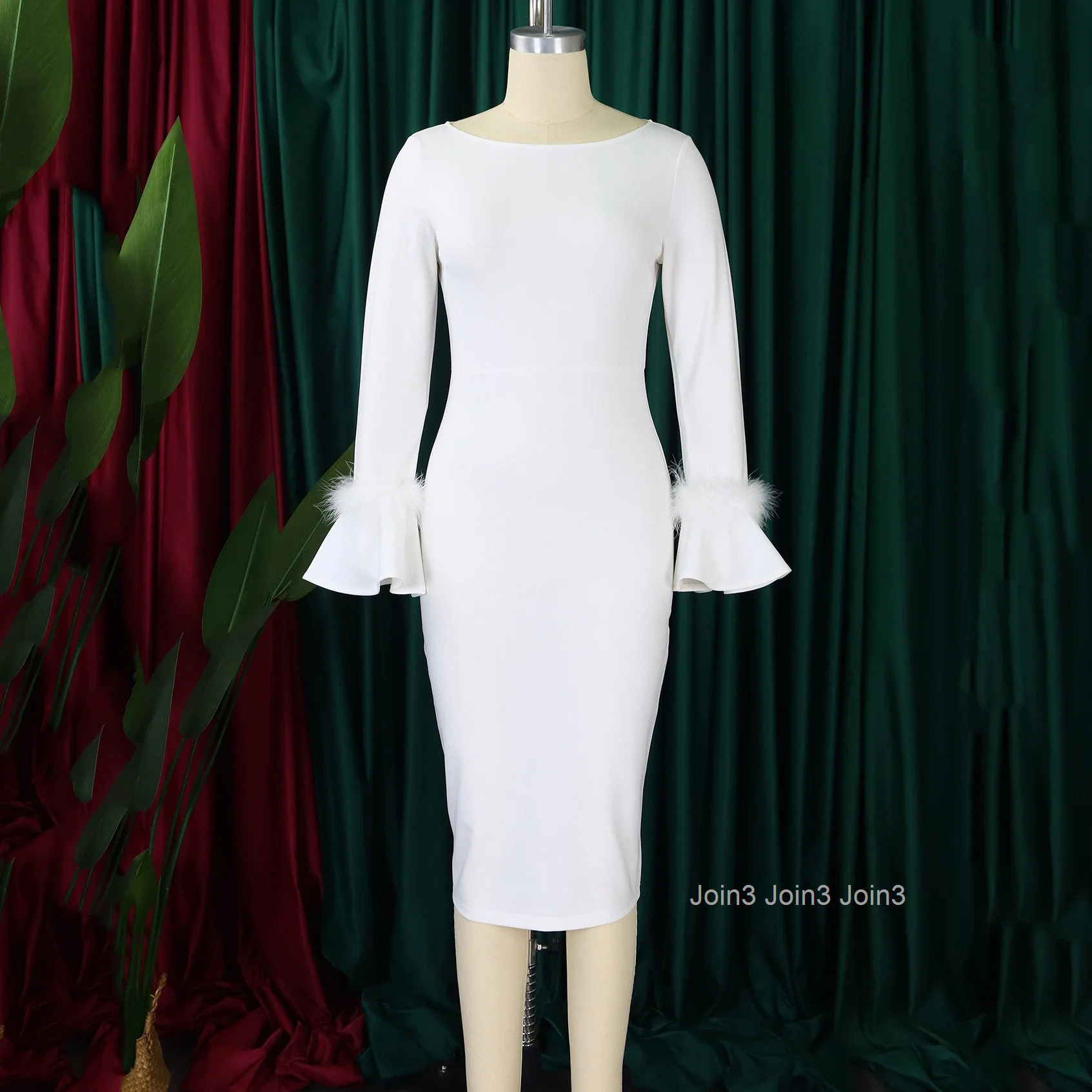 Elegant Bodycon Dresses for Women O Neck Flare Sleeve Solid Sheath Package Hips Mid Calf Professional Business Work Wear Dress