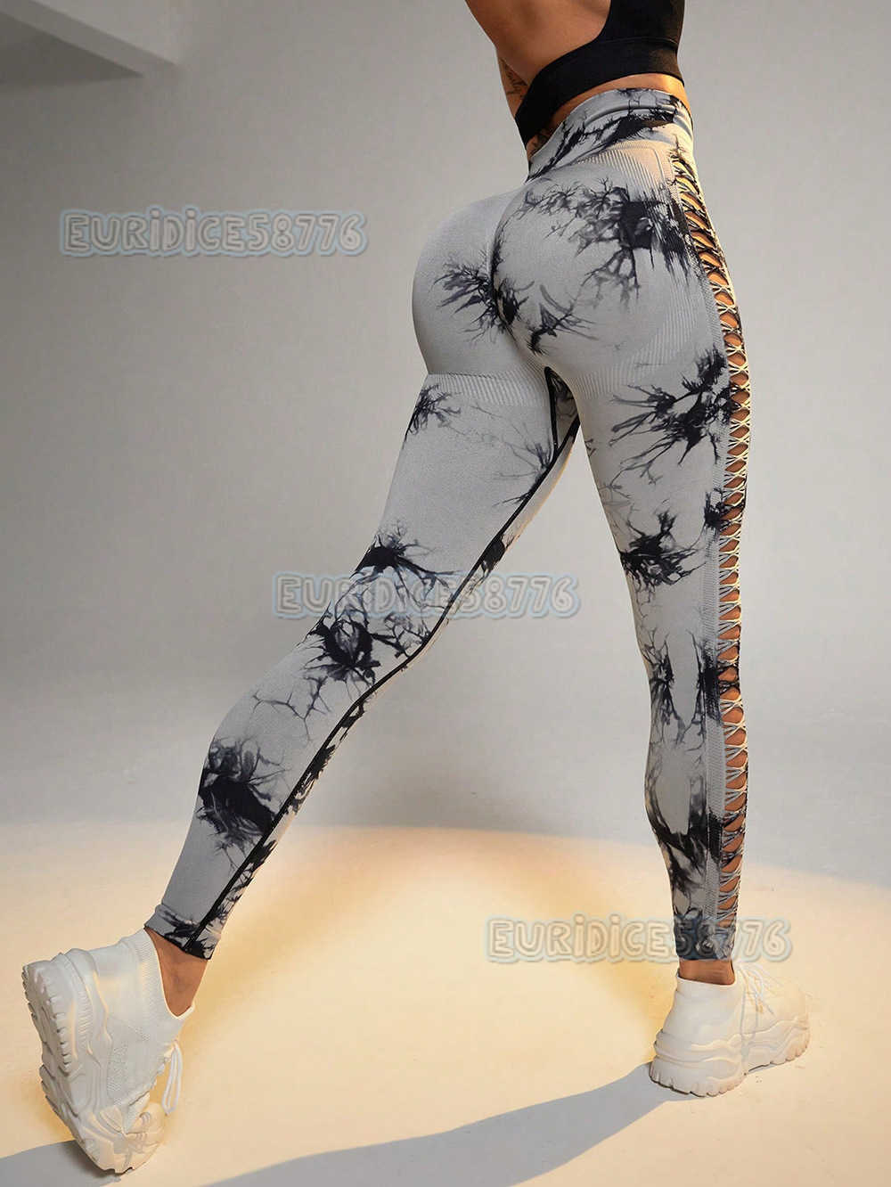 Outdoor Sports Quick-dry Tight High-waist Hip-lifting Fitness Leggings Side Hollow Tie-dye Yoga Pants for Women H250806
