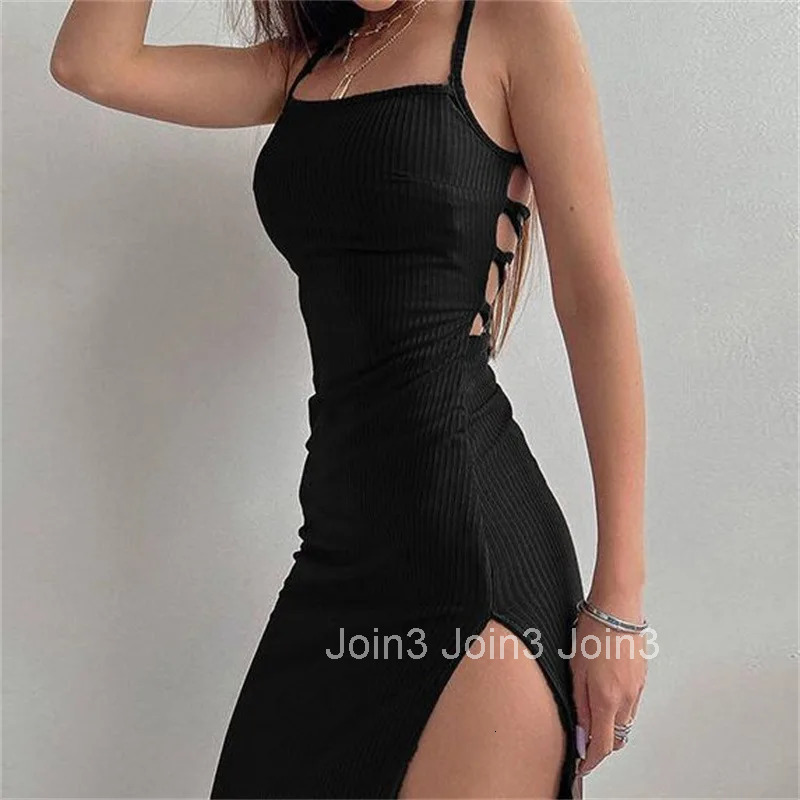 Sleeveless Backless Lace Up Long Dress Women Sexy Split Bodycon Black Dresses Streetwear Party Club Elegant Robes
