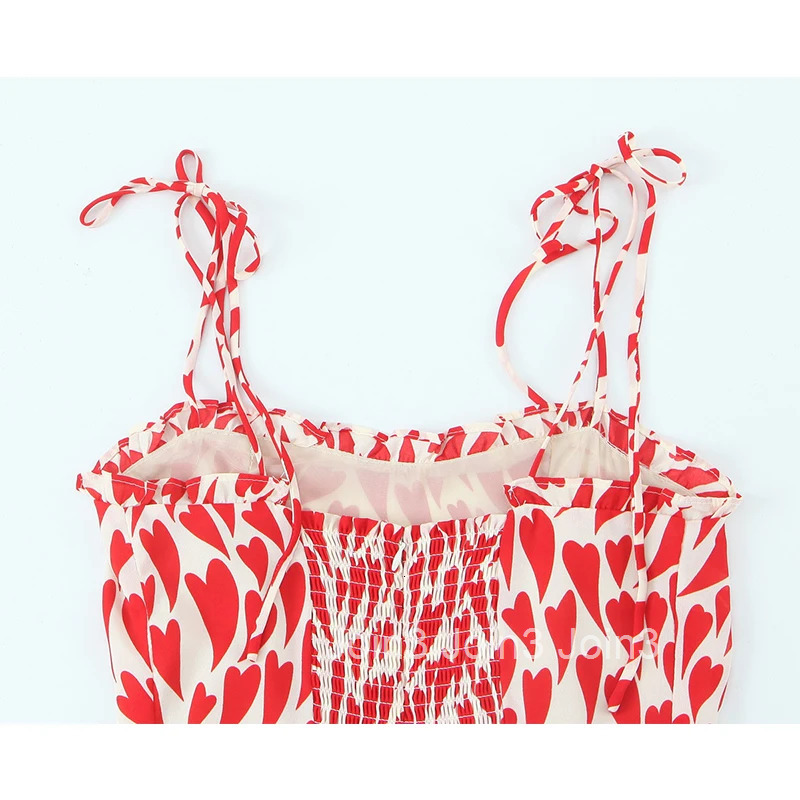 YENKYE French Style Cute Print Sexy Spaghetti Straps Dress Women Elegant A-line Midi Holiday Summer Dresses Robe