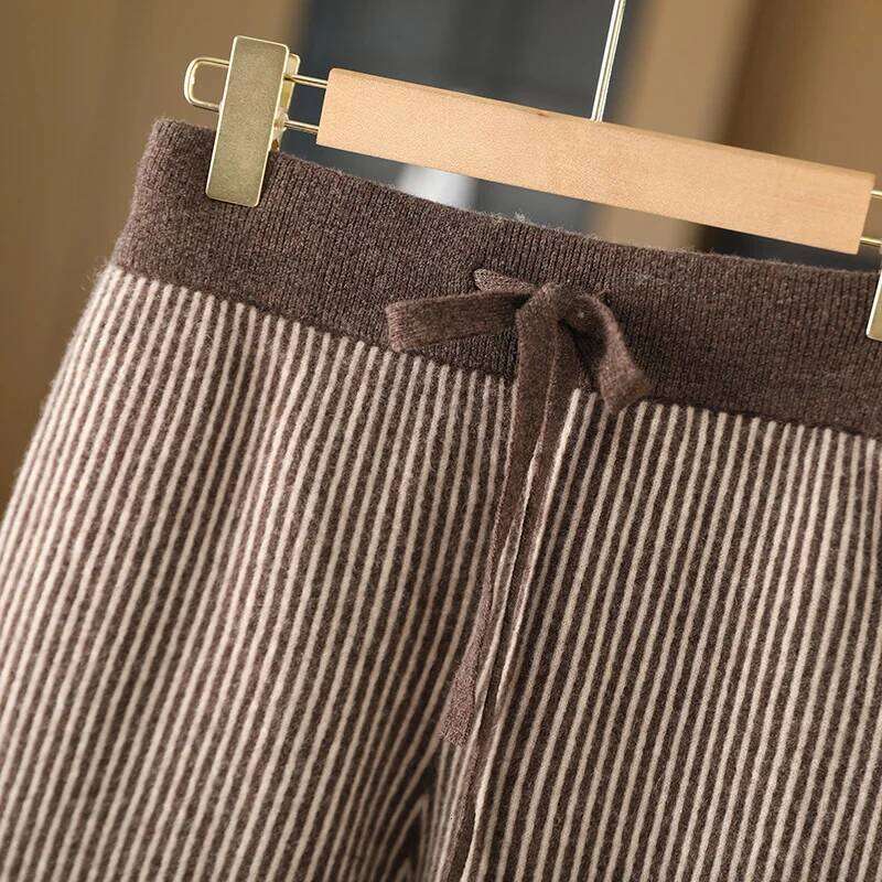 100% Merino Wool Women's Knitted Trousers, Fashionable, Warm, Vertical Stripe Pattern, Wide-Leg Pants, New Autumn And Winter 24 250806