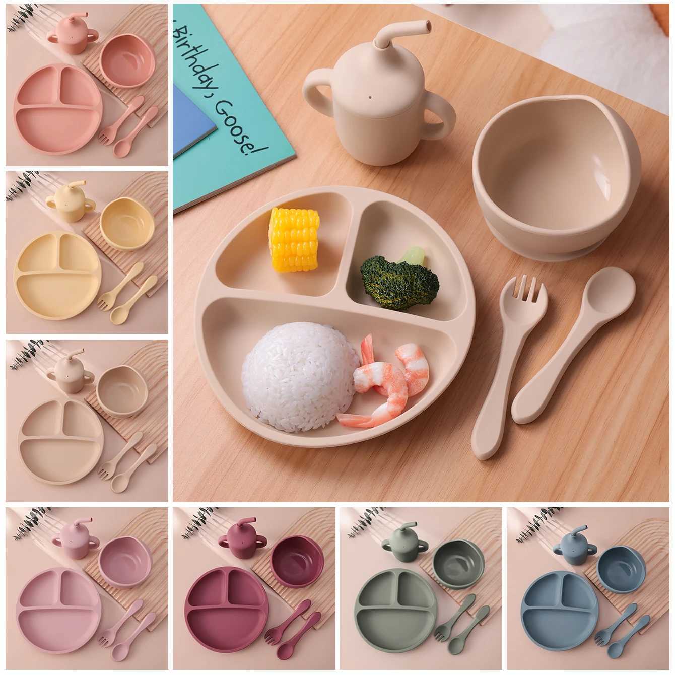 5PCS Color Kids Silicone Baby Feeding Set Suction Bowl Plate With Spoon Forks BPA Free Learning Utensils Mealtime Tableware X2508061