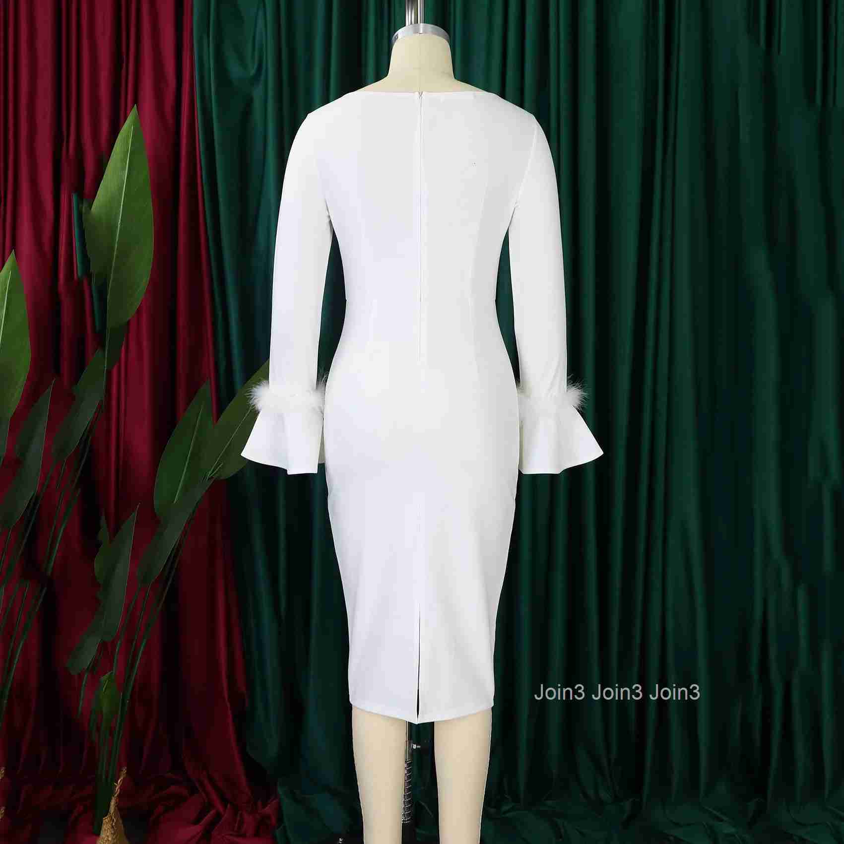 Elegant Bodycon Dresses for Women O Neck Flare Sleeve Solid Sheath Package Hips Mid Calf Professional Business Work Wear Dress