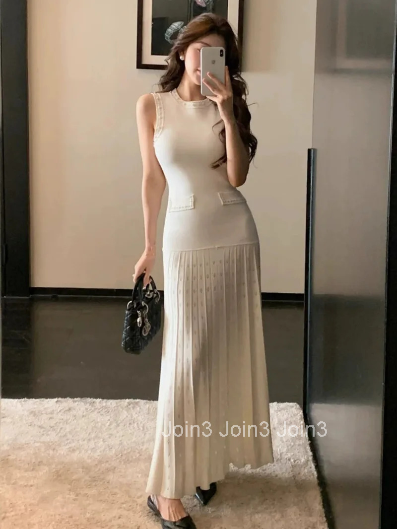 Pearls Decorated Women Round Neck Sleeveless Splicing Knitted Sweater Dress Elegant Or Short Knitted Spring New Women P8QA