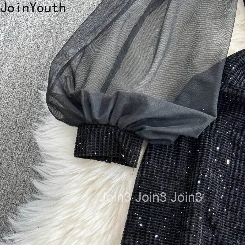 Temperament Robe Femme Black Patchwork Gauze Dress Women Vestidos De Mujer Lantern Sleeve Velvet Sequin Bodycon Dresses