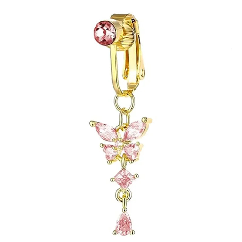 Clip On Belly Button Ring Butterfly Copper Zircon Pink Belly Piercing Umbilical Navel Body Jewelry Trendy Fashion Style 250805