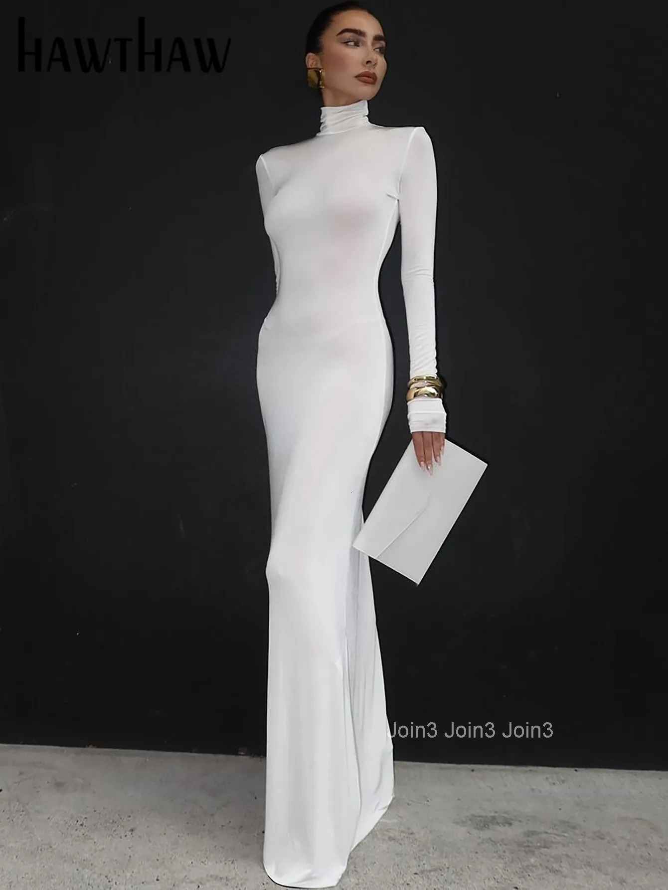 Hawthaw Women Spring Autumn Long Sleeve Party Solid Color Bodycon Basic White Long Dress Wholesale Items For Business