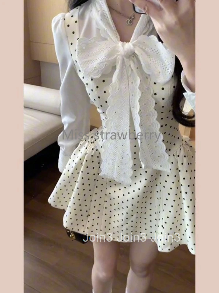 France High Street Elegant Slim Dress Women Design Chic Long Sleeve Bow Polka Dot Sweet Dresses Casual Patchwork Pretty Outfits