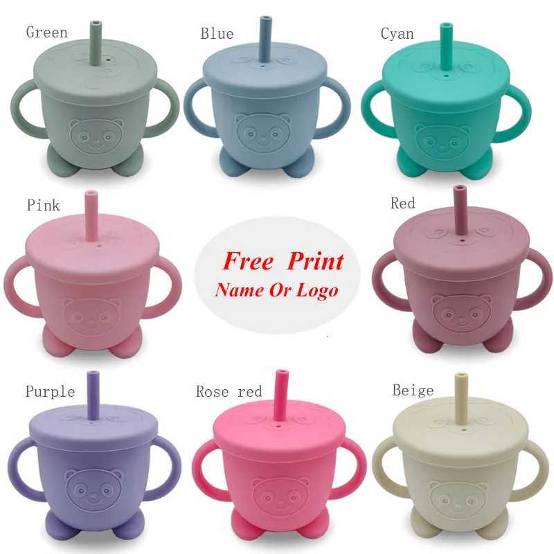 Baby Feeding Cup Free Personalized Name Silicone Straw Cup Cartoon Bear Sippy Cup Leak-Proof Non-Slip Children Kids Drinkware X2508061