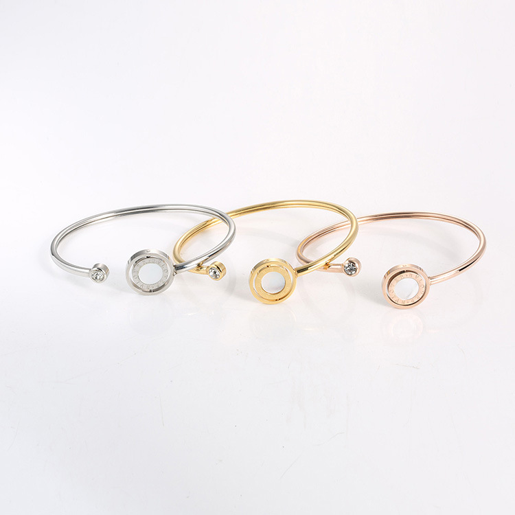 Fashion Roman Numerals Inlaid Agate Shell Rotatable Stainless Bracelet for Women Rose Gold Titanium Steel Bangle Double Face Bangle wholesales drop sh