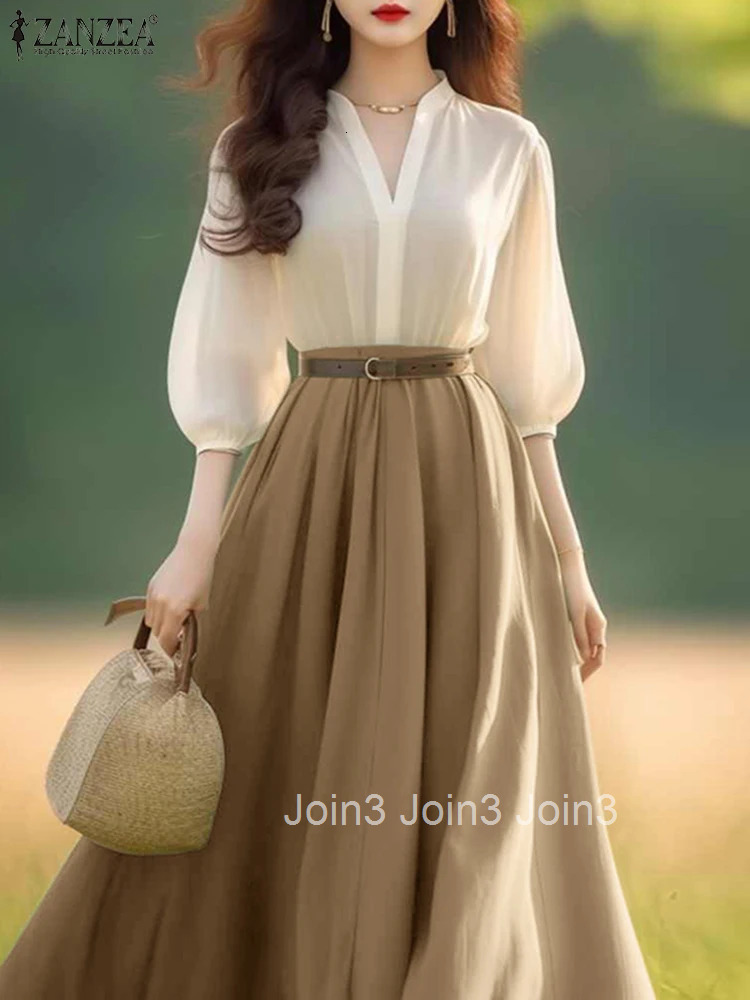 Women Lantern Half Sleeve Dresses Elegant Summer Dress Spring A-Line Office Lady Vestidos Casual V-Neck Party Robes