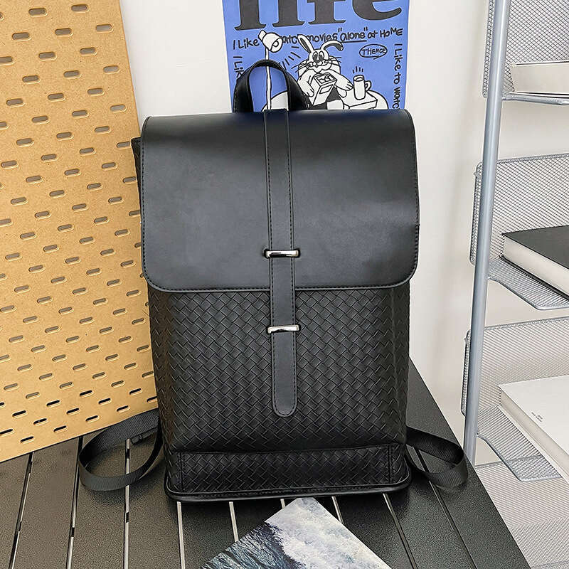 Trendy Brand Simple Men's Personality Flip Cover College Student Laptop Bag Large Capacity Commuter-Woven - Texture Leather