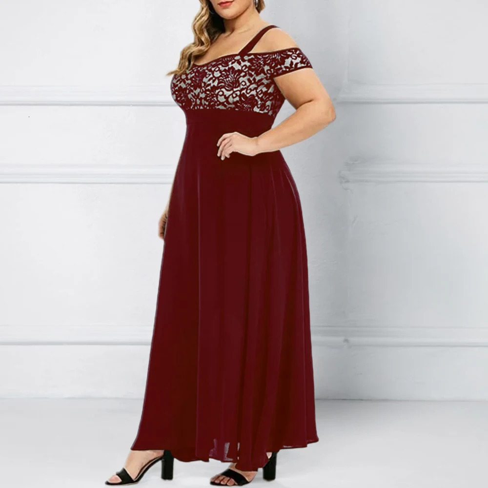 Plus Size Women Elegant Lace Off Shoulder Bandeau Chiffon Maxi ALine Dress Ladies Evening Party Cocktail Ball Gown 1XL6XL 250724
