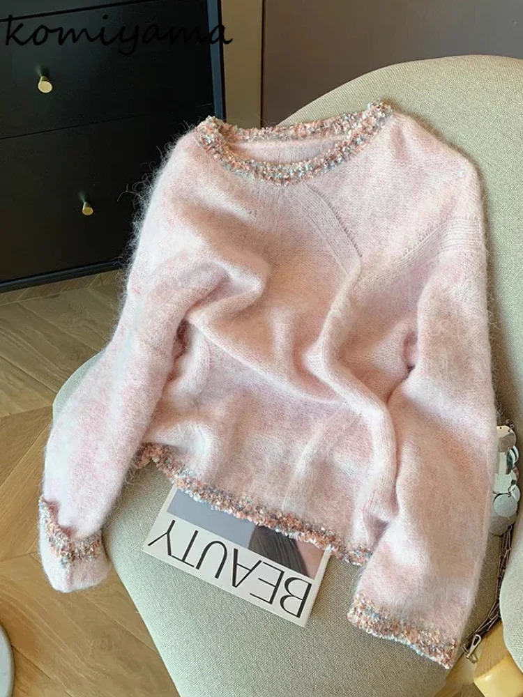 Contrast Knitted Sweater Woman 2025 Outerwears Casual Loose Round Neck Pullovers Sweet Lazy Ropa Mujer Autumn Winter Clothes 250804