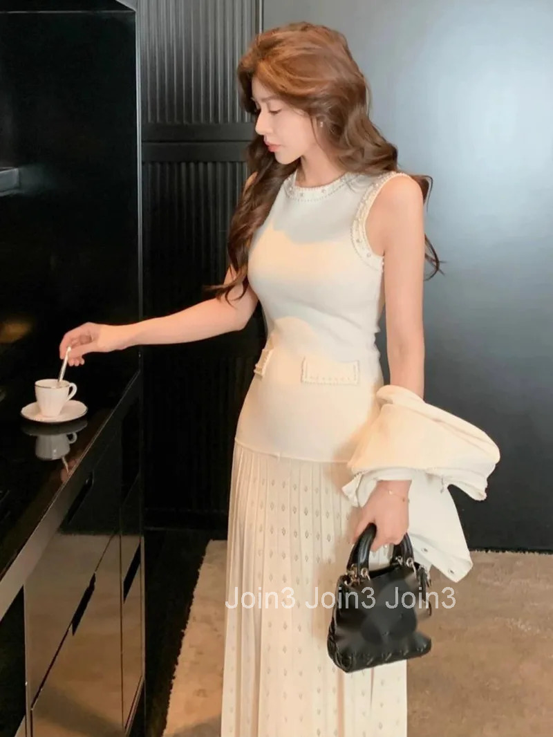 Pearls Decorated Women Round Neck Sleeveless Splicing Knitted Sweater Dress Elegant Or Short Knitted Spring New Women P8QA