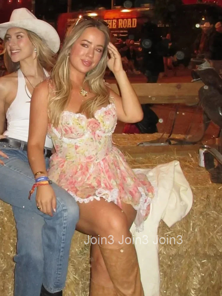 Floral Printd Lace Patchwork Sling Mini Dress Womens Elegant Backless Sleeveless A Line Vestidos Chic Lady Holiday Street Wear