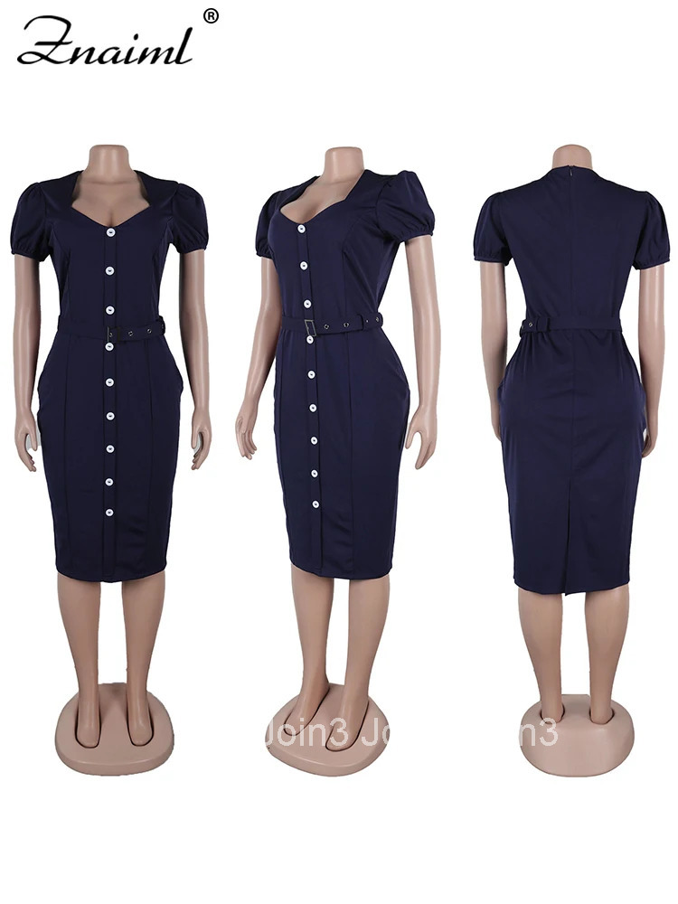 Znaiml Elegant Office Lady Mid Dress Clothe Formal Single Breasted Short Sleeve Square Neck Bodycon Work Business Mujer Vestidos