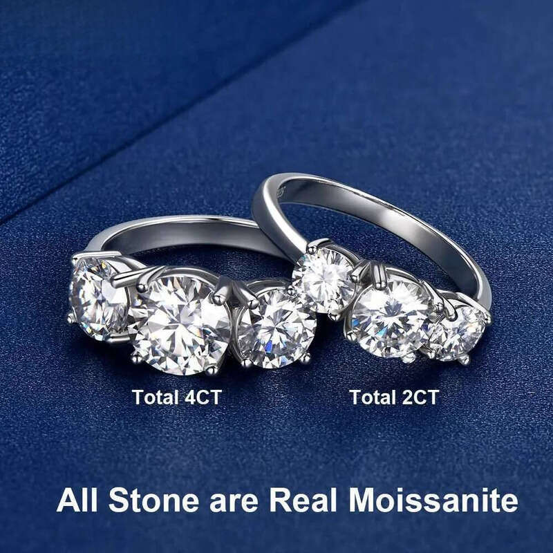 2 Carat Moissanite Engagement Ring For Women 3 Stones Lab Dia Sterling Sier White Gold Plated Wedding Jewelry Gift