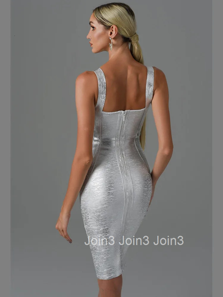 Real Photos Bronzing Bandage Bodycon Dress Women Elegant Tank Square Collar High Street Going Out Dresses Special Occasion