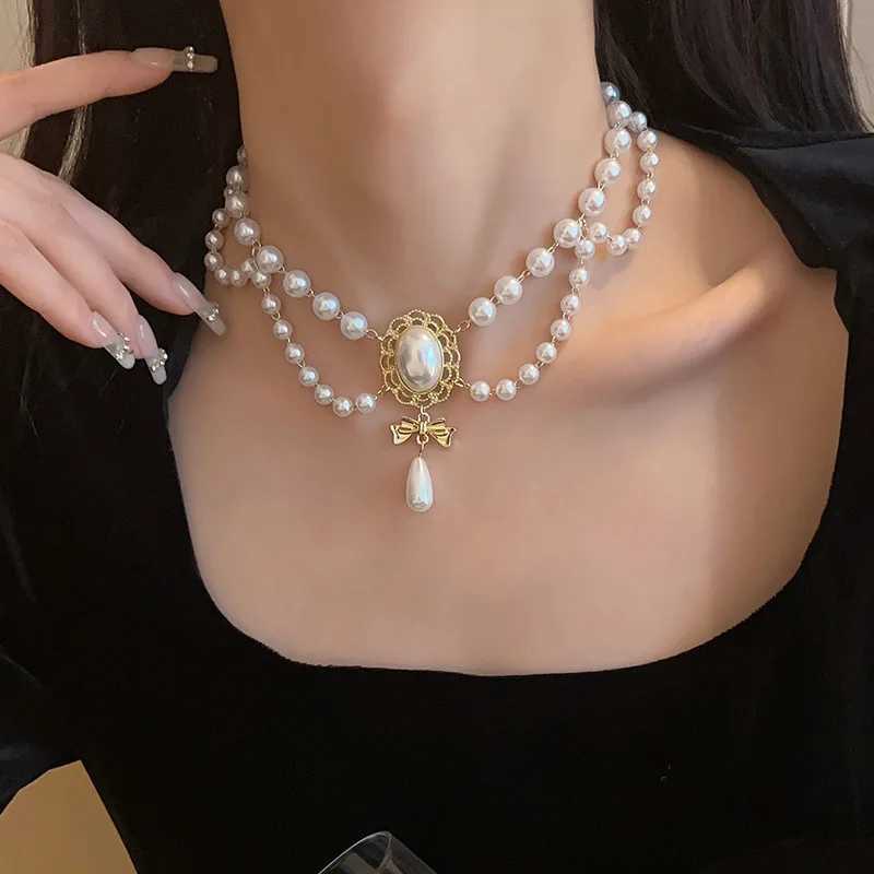 Luxury Imitation Pearl Necklace for Women Elegant Bowknot Pendant Fashion Wedding Bridal Jewelry Accessories Y250805