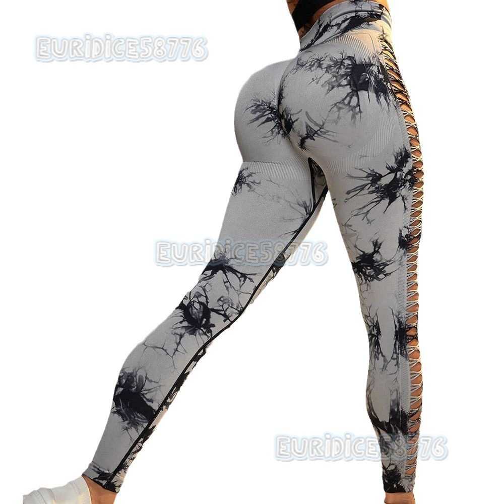 Outdoor Sports Quick-dry Tight High-waist Hip-lifting Fitness Leggings Side Hollow Tie-dye Yoga Pants for Women H250806
