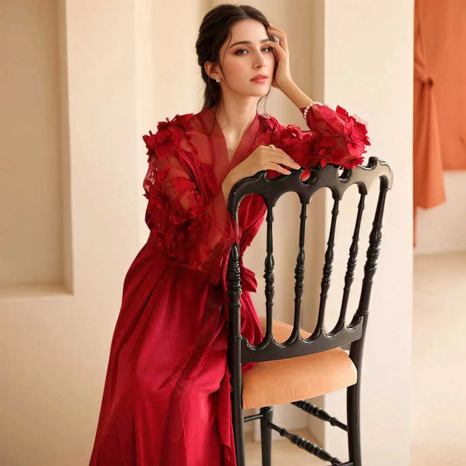 Sexy Bride Robe Nightgown Long Sleeve 3D Flowers Bridal Gowns Photo Shoot Maternity Dressing Gown Customized